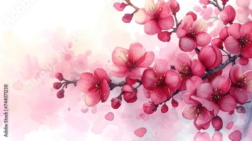  a close up of a pink flower on a branch with watercolor paint on the backgrounge of the branch with pink flowers on a light pink background.