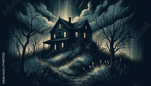 An illustration of an old, abandoned house on a hill, conveying a haunting vibe and stirring emotions of nostalgia and unease. AI Generated photo