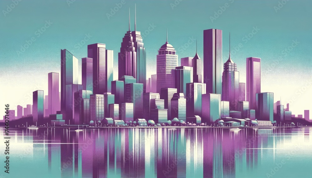 An artistic representation of a city skyline, with buildings in a rich purple hue and the sky and water reflections in a soft teal. AI Generated An artistic representation of a city skyline, with buildings in a rich purple hue and the sky and water reflections in a soft teal. AI Generated