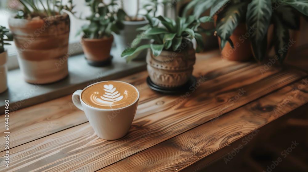 The image shows a cup of coffee on a wooden table. The coffee has a beautiful latte art design on top. There are some plants in the background.