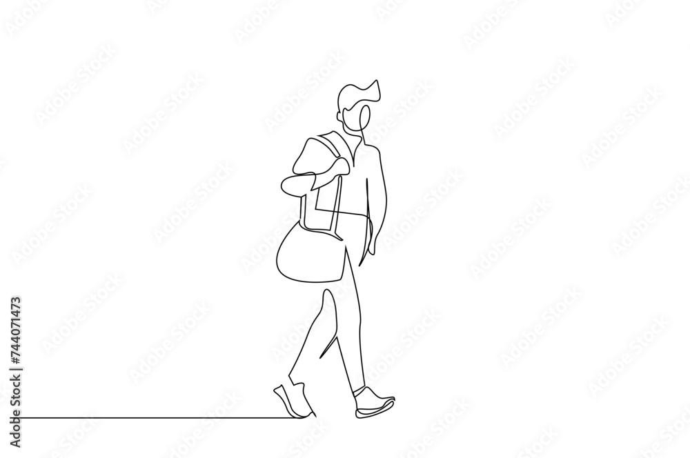 young male athlete university student bag walking outside one line art design young male athlete university student bag walking outside one line art design
