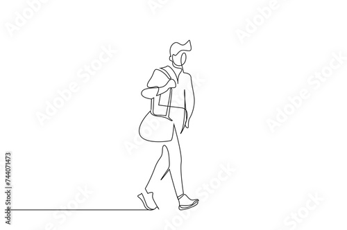 young male athlete university student bag walking outside one line art design