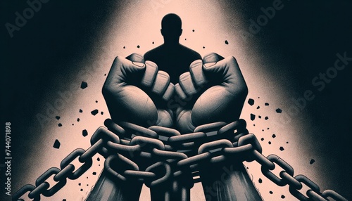 An illustration visualizing the weight and confinement of depression with heavy chains binding a person's wrists and ankles. AI Generated photo