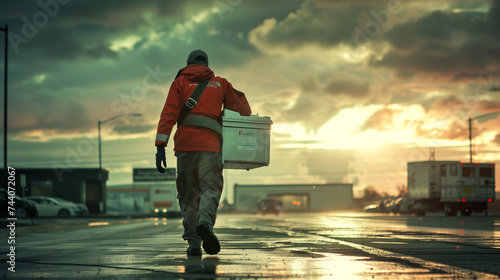 Organ courier carrying a cooler with an organ to the transplant center photo