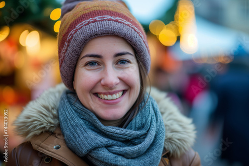 Content woman with a warm smile, donning a knit hat and scarf, enjoying the holiday glow at a bustling Christmas market. © Sascha