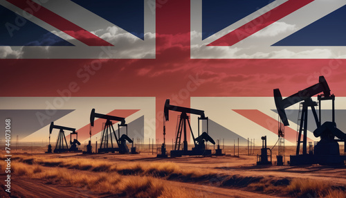 Oil production in the United Kingdom. Oil platform on the background of the United Kingdom flag. United Kingdom flag and oil rig. United Kingdom fuel market.