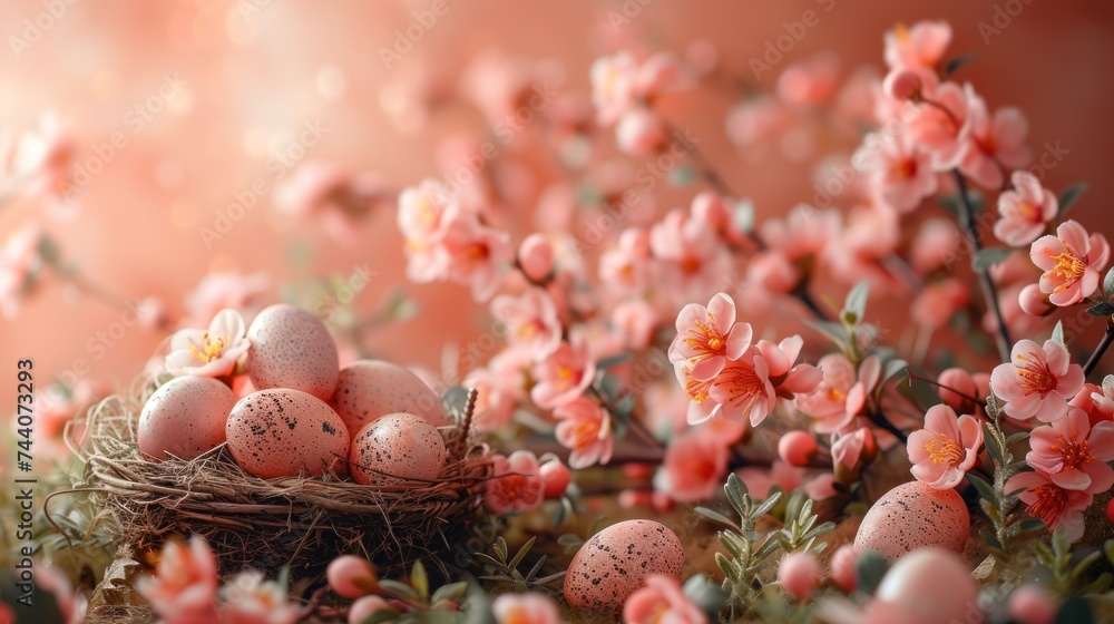  a nest filled with eggs sitting on top of a pile of grass next to pink flowers and a branch with pink and yellow flowers in the middle of the nest.