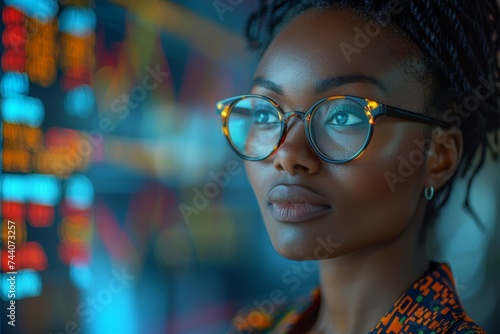 A stylish woman's piercing gaze, framed by her trendy eyewear, captures the essence of confidence and sophistication © Larisa AI