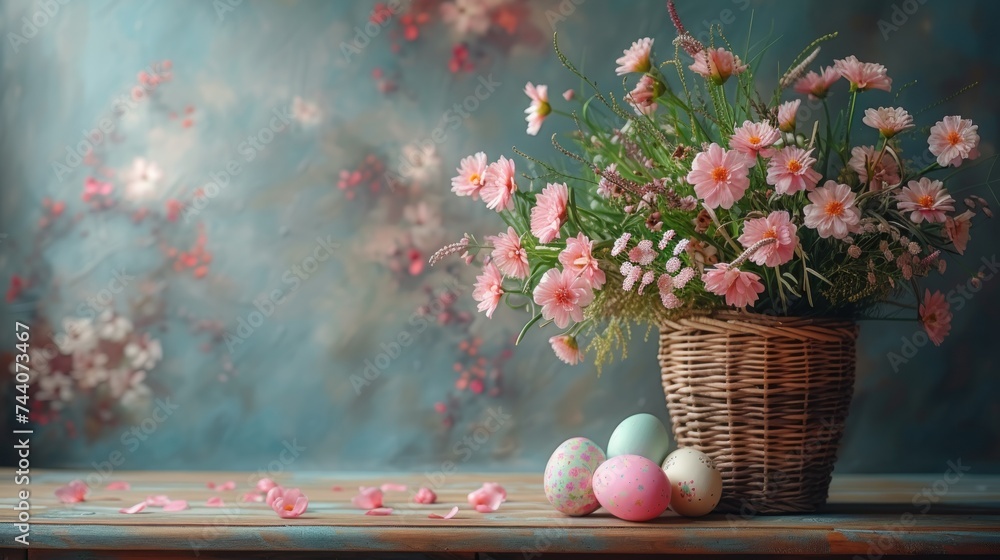  a basket filled with pink flowers sitting on top of a wooden table next to a vase filled with pink and white flowers on top of a wooden table next to a basket with pink flowers. - obrazy, fototapety, plakaty 