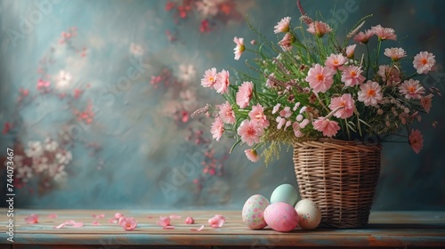 a basket filled with pink flowers sitting on top of a wooden table next to a vase filled with pink and white flowers on top of a wooden table next to a basket with pink flowers. photo
