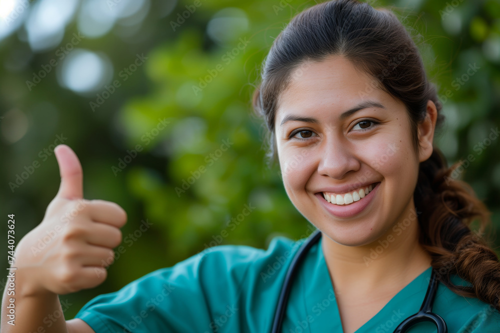 Optimistic Hispanic nurse outdoors giving a thumbs-up, with nature bokeh in the backdrop and a stethoscope around her neck. Optimistic Hispanic nurse outdoors giving a thumbs-up, with nature bokeh in the backdrop and a stethoscope around her neck.