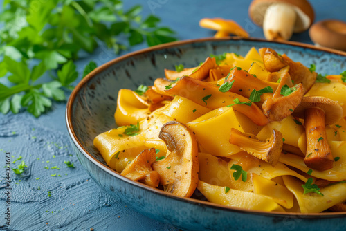 Pasta with golden chanterelle mushrooms garnished with parsley in a ceramic bowl on a blue textured background.