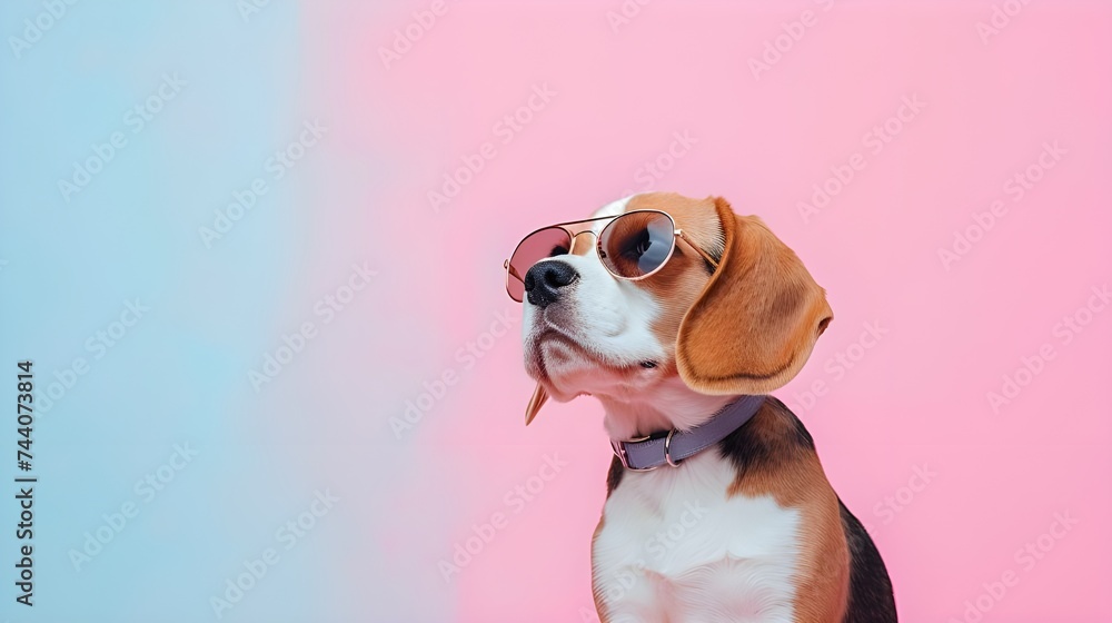 
Creative animal concept. Beagle dog puppy in sunglass shade glasses isolated on solid pastel background, commercial, editorial advertisement, surreal surrealism