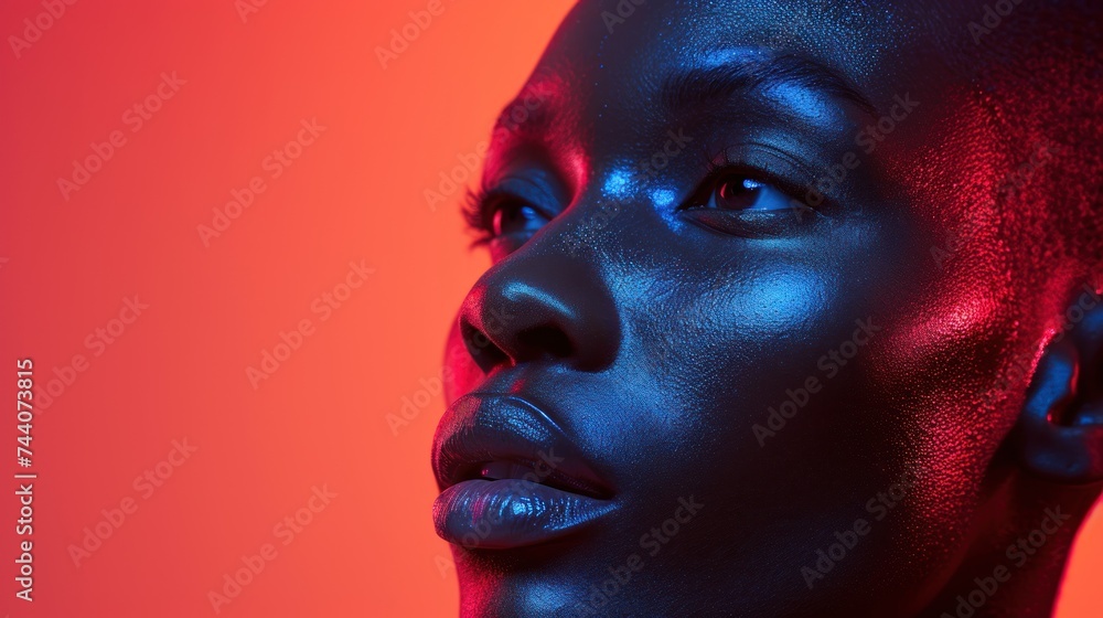 a close up of a woman's face with a blue and red light on her face and a red and pink background with a red light on her face. a close up of a woman's face with a blue and red light on her face and a red and pink background with a red light on her face.