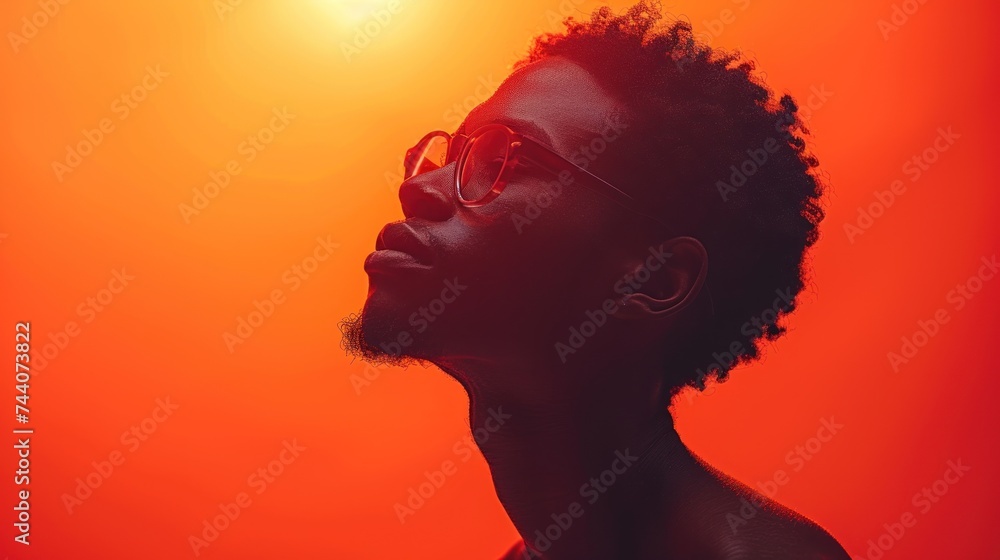  a silhouette of a person wearing glasses against a bright orange background with the sun shining through the lens of the person's head to the left of the image.