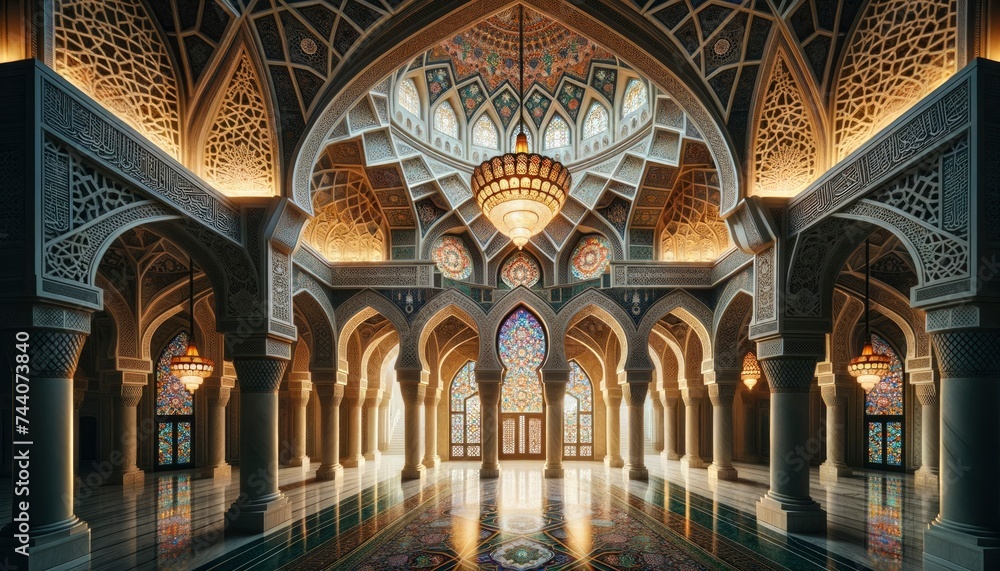 Showcasing an intricately designed Islamic architectural masterpiece with detailed mosaics, arched doorways, and a beautiful chandelier.AI Generative