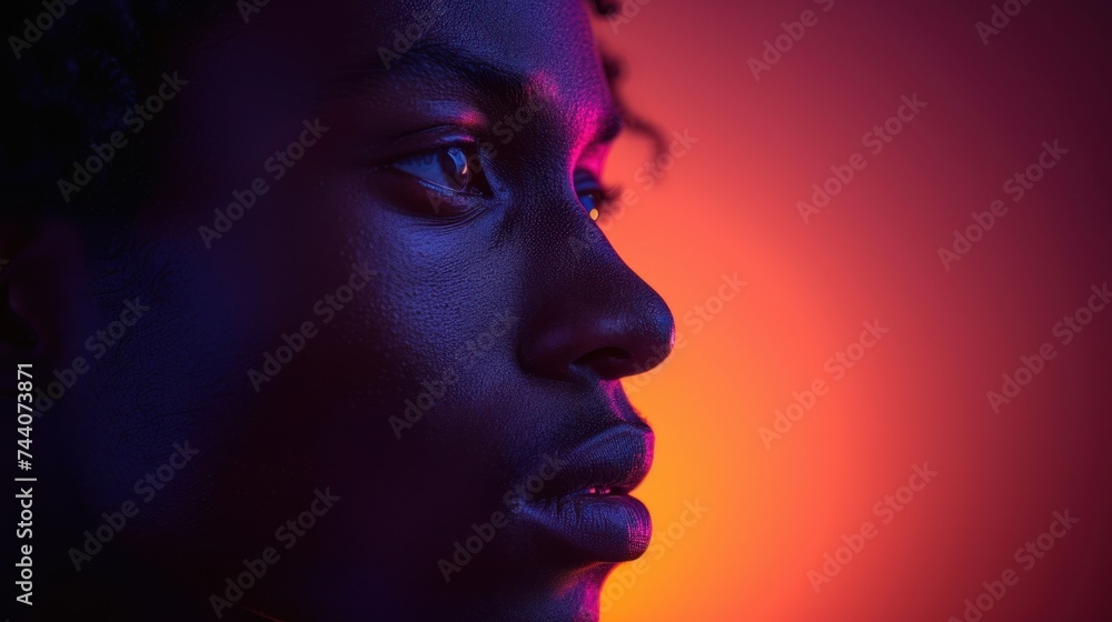 a close up of a person's face with a red and blue light in the background and a black woman's face with blue and red light in the background. a close up of a person's face with a red and blue light in the background and a black woman's face with blue and red light in the background.