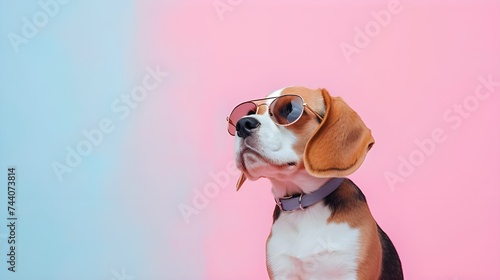  Creative animal concept. Beagle dog puppy in sunglass shade glasses isolated on solid pastel background, commercial, editorial advertisement, surreal surrealism