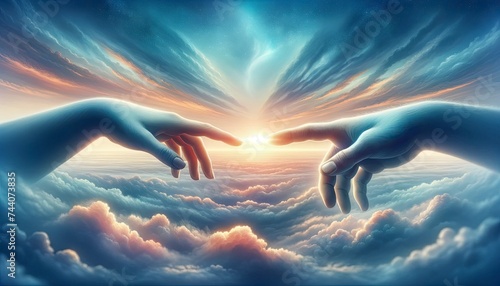 Two hands with fingers almost touching, set against a vast sky filled with soft clouds, capturing a moment of connection and unity. AI Generated photo