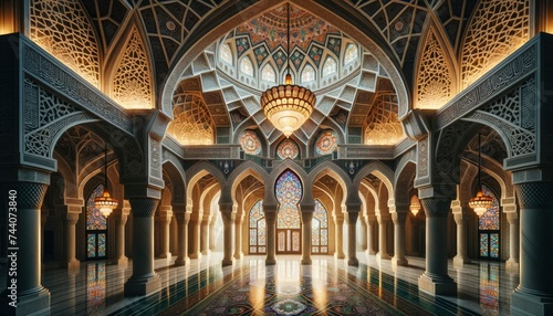 Showcasing an intricately designed Islamic architectural masterpiece with detailed mosaics, arched doorways, and a beautiful chandelier.AI Generative