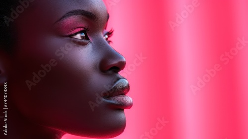  a close up of a woman's face with a red light in the background and a pink light in the foreground, and a pink light in the middle of the foreground.