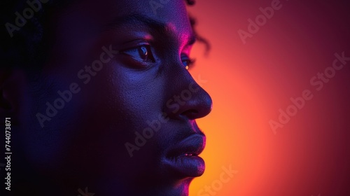  a close up of a person's face with a red and blue light in the background and a black woman's face with blue and red light in the background.