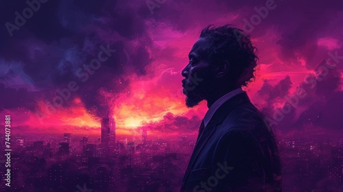  a man in a suit standing in front of a purple and pink sky with a cityscape in the background and the sun in the middle of the distance.