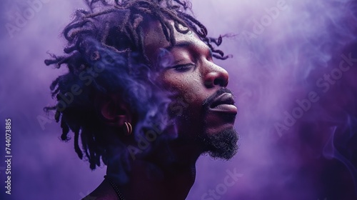 a man with dreadlocks smoking a cigarette in front of a purple background with smoke coming out of the top of his head and the smoke coming out of his mouth.