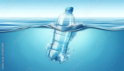 A clear plastic bottle, partially submerged, floating on calm blue water with its reflection visible on the water's surface, emphasizing the issue of pollution. AI Generated photo