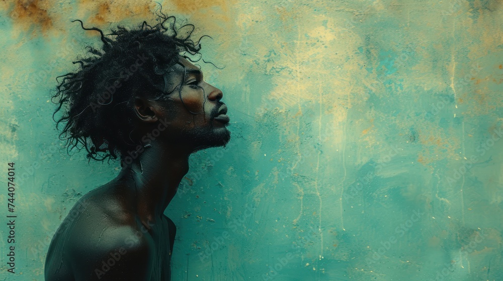 a man with dreadlocks standing in front of a green wall with a rusted wall behind him and a rusted wall behind him and a blue wall behind him. a man with dreadlocks standing in front of a green wall with a rusted wall behind him and a rusted wall behind him and a blue wall behind him.