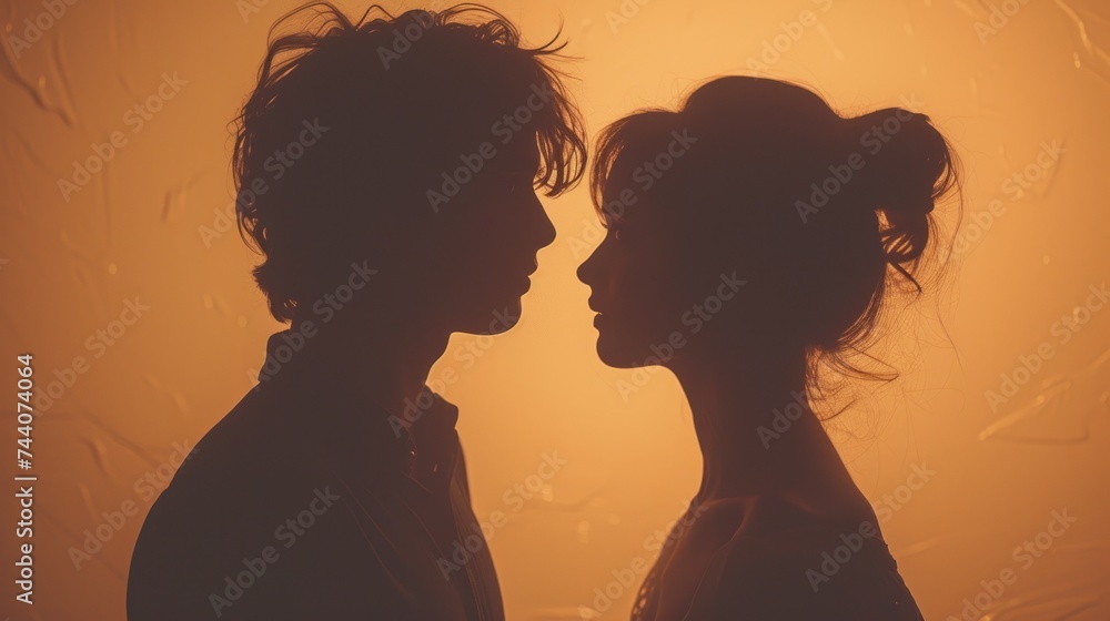  a couple of people standing next to each other in front of a yellow wall with a shadow of two people facing each other and one another person's head.
