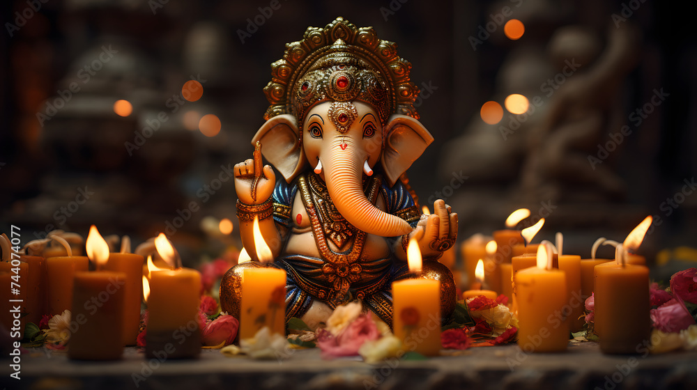 diya ganesha with candles lit within a temple background