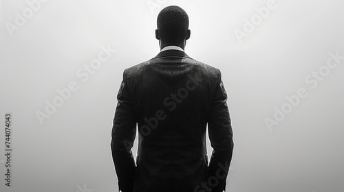  a black and white photo of a man in a suit standing in front of a foggy sky with his back to the camera and his hands in his pockets. photo