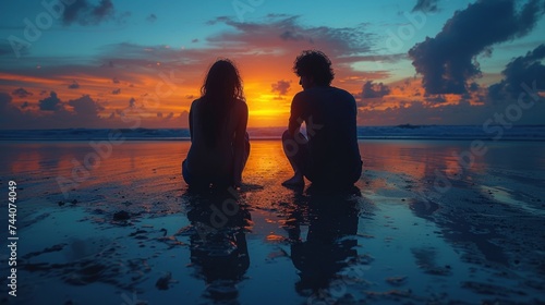  a couple of people sitting on top of a beach next to the ocean with a sunset in the background of the picture and a person sitting on the beach with a surfboard in the foreground.