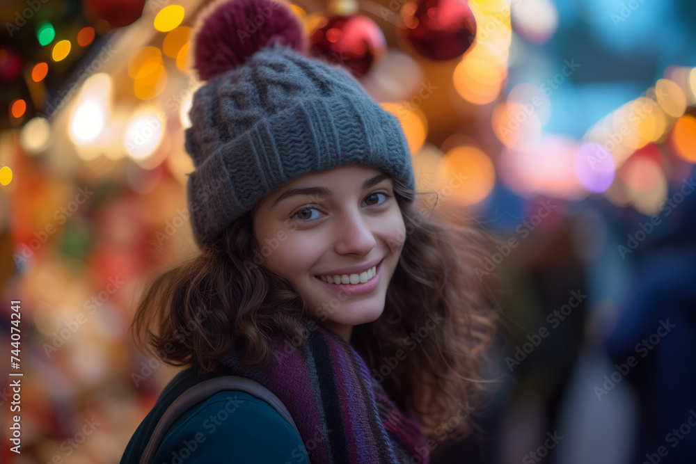 Smiling young woman in a pom-pom hat and striped scarf, immersed in the twinkling ambiance of a Christmas market's magic.