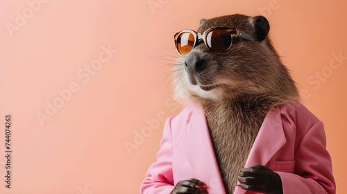 Creative animal concept. Beaver in glam fashionable couture high end outfits isolated on bright background advertisement, copy space. birthday party invite invitation banner