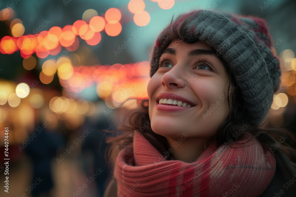 A woman in a woolen hat and scarf looks up, her face alight with wonder amidst the glowing bulbs of a Christmas market's evening bustle. A woman in a woolen hat and scarf looks up, her face alight with wonder amidst the glowing bulbs of a Christmas market's evening bustle.