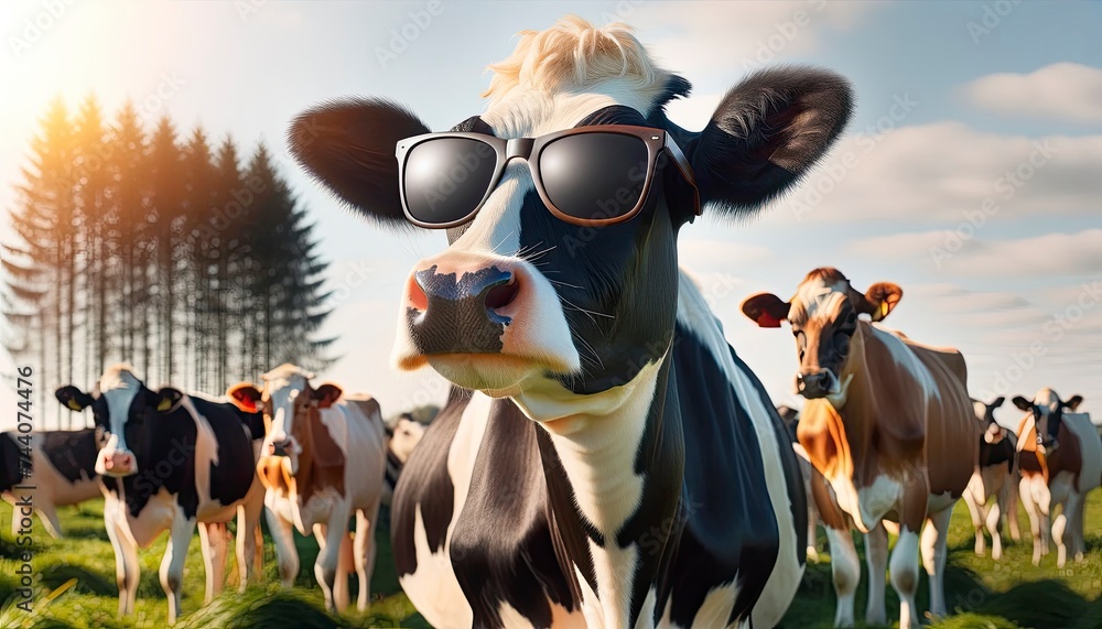 Photo of a laid-back cow with a sleek black and white coat, donning oversized sunglasses, standing confidently in a sunlit pasture with other cows looking at it in admiration. AI Generative - obrazy, fototapety, plakaty 