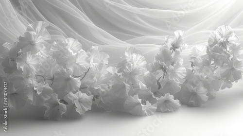  a black and white photo of a bunch of flowers on a white background with a cloth draped over the top of the flowers and the bottom half of the photo.