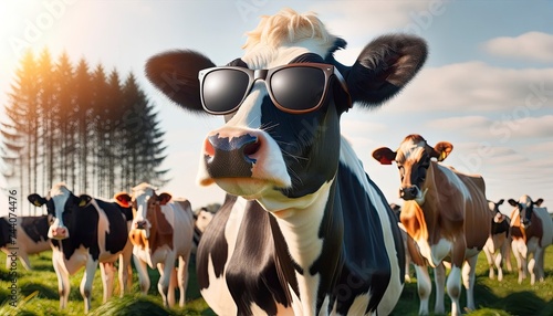 Photo of a laid-back cow with a sleek black and white coat, donning oversized sunglasses, standing confidently in a sunlit pasture with other cows looking at it in admiration. AI Generative photo
