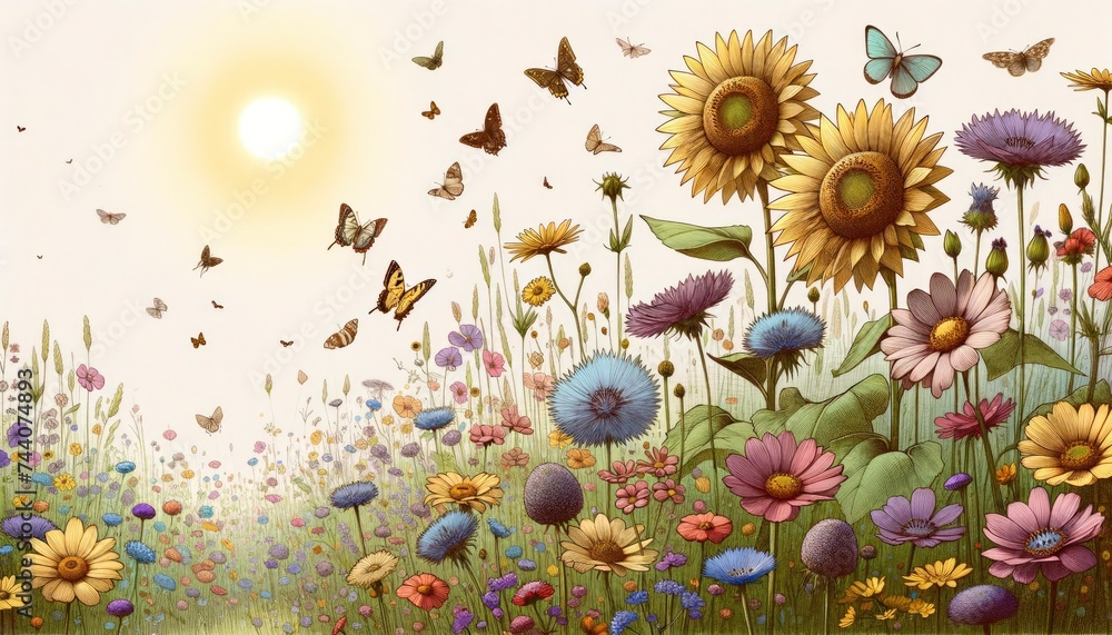 A tranquil meadow with wildflowers and sunflowers, accompanied by butterflies and bees. AI Generated