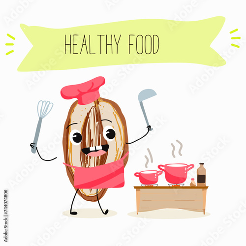 Cute cartoon date, fruit character with cooking at the stove with a ladle in his hand, with pans, chef. Flat vector illustration, funny fruits. Organic food.