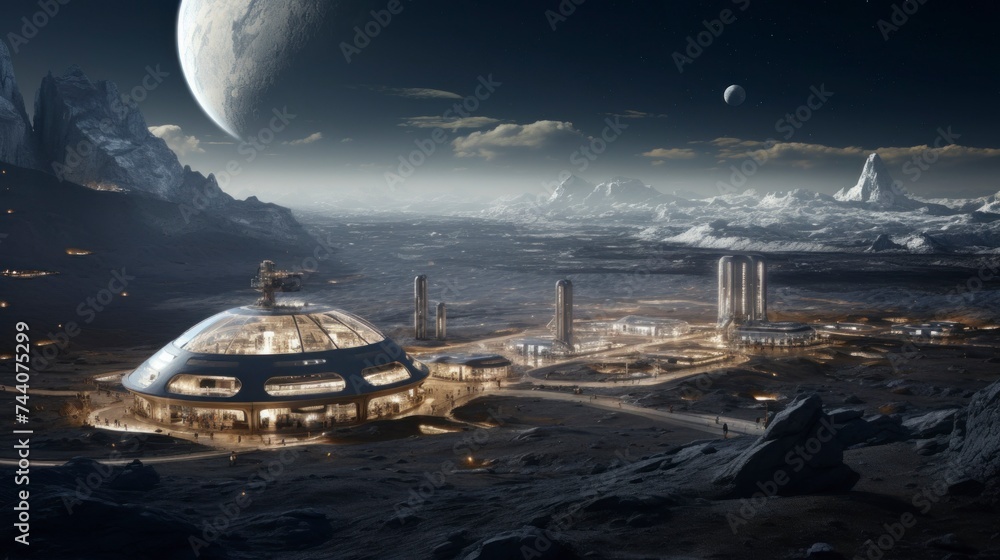 Self-sufficient lunar base, where humans have established a presence on the Moon. Concept of natural satellite of the Earth colonization and people settlement - obrazy, fototapety, plakaty 