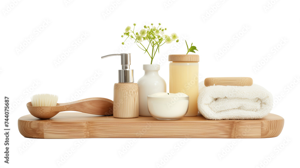 cut-out natural and sustainable / eco friendly cosmetics, set of containers and bathroom accessories, natural beauty, spa and lifestyle elements on a wooden board.