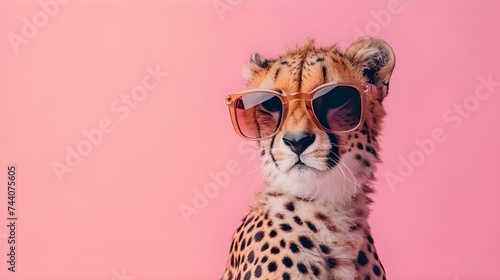 Creative animal concept. Cheetah in sunglass shade glasses in glam fashionable couture high end outfits isolated on bright background advertisement, copy space. birthday party invite invitation banner © Muzikitooo