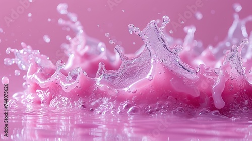  a close up of a pink liquid splashing on top of a body of water with drops of water on the bottom of the image and bottom of the image.