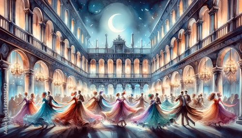 A watercolor painting portraying a moonlit masquerade ball, with dancers in vibrant costumes and the ambiance lit by golden chandeliers. AI Generative photo