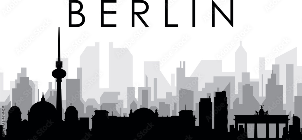 Black cityscape skyline panorama with gray misty city buildings background of the BERLIN, GERMANY with a city name tag