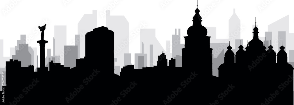 Black cityscape skyline panorama with gray misty city buildings background of the KYIV, UKRAINE