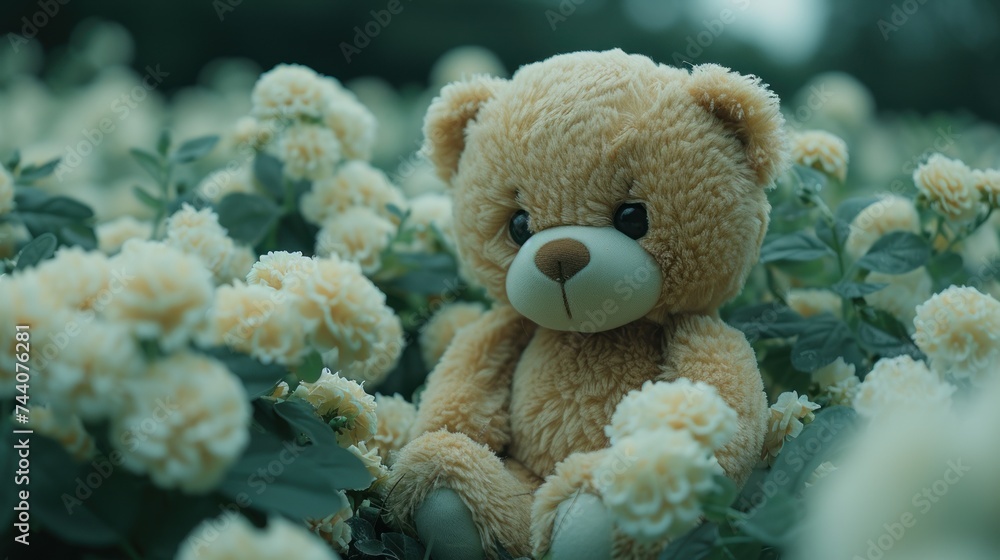 a brown teddy bear sitting in the middle of a field of white flowers with a green leafy plant in the foreground and a blurry sky in the background. a brown teddy bear sitting in the middle of a field of white flowers with a green leafy plant in the foreground and a blurry sky in the background.